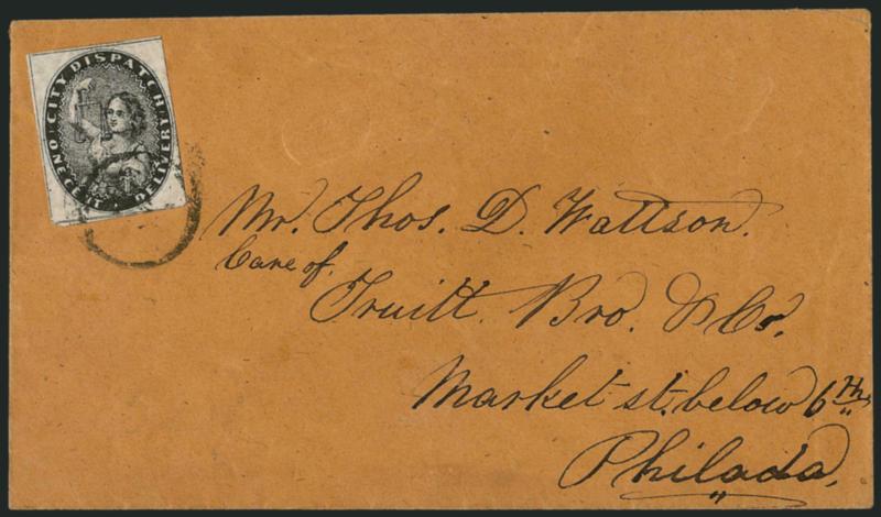 City Dispatch, Philadelphia Pa., 1c Black (41L1).> Large margins to clear, tied by dots in circle handstamp on buff cover to local street address, Very Fine, Scott Retail $500.00
