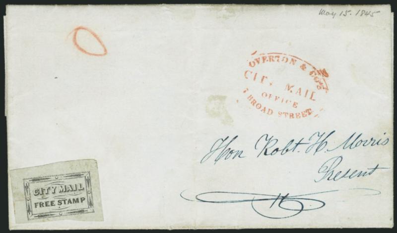 City Mail Co., New York N.Y., (2c) Black on Grayish (46L1).> Huge margins all around, appears to be a top left corner position, horizontal crease, uncancelled, used on May 15, 1845 folded letter to <New York
City Postmaster Robert H. Morris,> red Ov