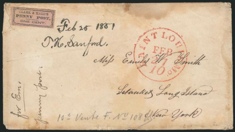 Clark & Halls Penny Post, St. Louis Mo., 1c Black on Pink (49L1).> Ample to clear margins, uncancelled, used on cover to Miss Emily W. Smith, Setauket, Long Island N.Y., red St. Louis Mo. 10 Feb. 27
integral-rate circular datestamp, docketed <<Fe