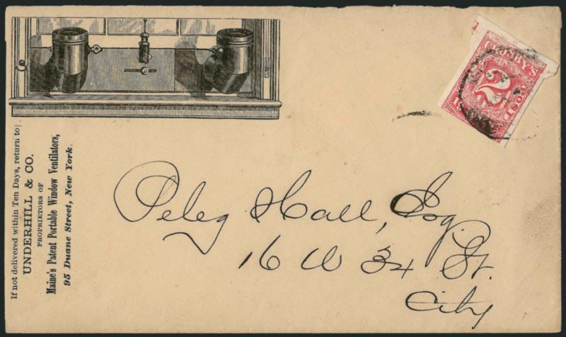 Crosbys City Post, New York N.Y., 2c Carmine (54L1).> Large margins to barely in at bottom, tied by handstamp on <illustrated window ventilator corner card> to local street address, slightly reduced at left,
Very Fine, ex Middendorf, Scott Retail $7