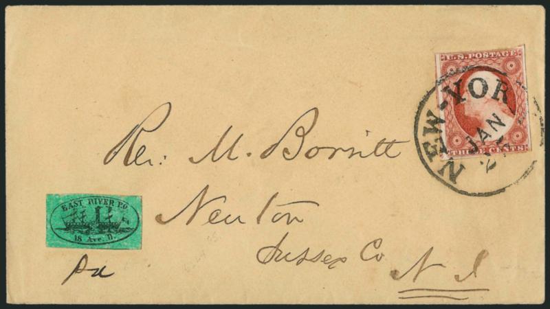 East River Post Office, New York N.Y., (1c) Black on Green Glazed (62L4).> Full margins all around, uncancelled, affixed to cover with 3c Dull Red, Ty. II (11A) tied by New-York Jan. 25 circular datestamp, to
Newton N.J., local stamp may or may not