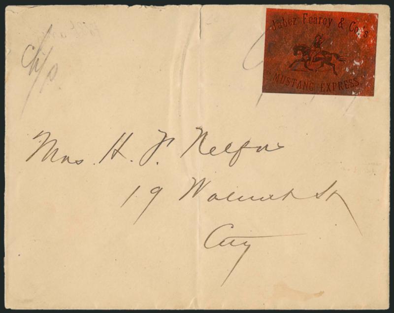 Jabez Fearey & Co.s Mustang Express, Newark N.J., (unstated value) Black on Red Glazed (66L1).> Large margins, tied by pencil cancel, on locally-addressed cover, stamp with usual oxidation and couple scuffs,
central file fold, otherwise Fine, ex Fer