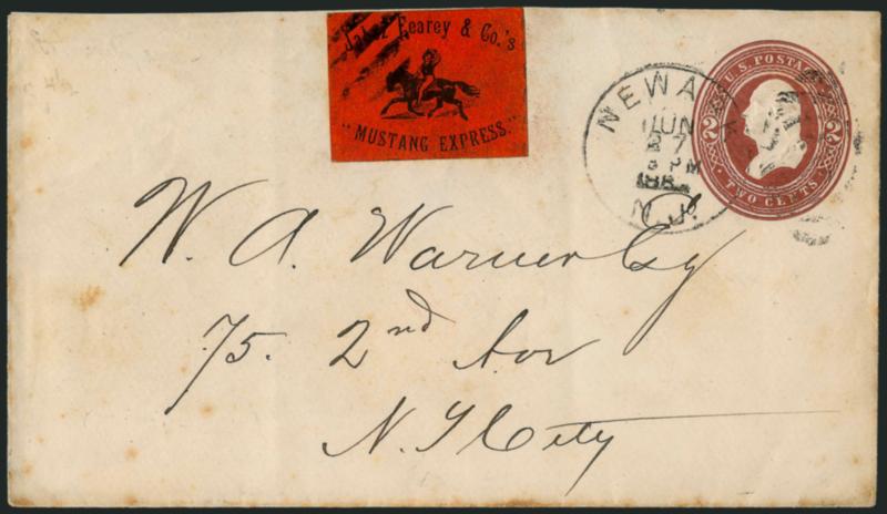 Jabez Fearey & Co.s Mustang Express, Newark N.J., (unstated value) Black on Red Glazed (66L1).> Counterfeit cancel, affixed to 2c Brown entire (U277) with Newark N.J. Jun. 27 1887 duplex cancel to New York
City, stamp Very Fine