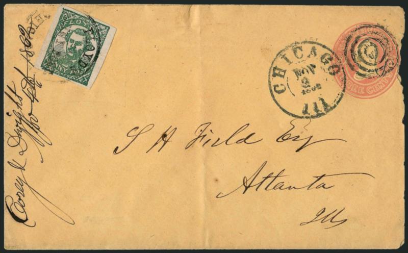 Floyds Penny Post, Chicago Ill., (1c) Green (68L3).> Large margins, tied by Floyds Chicago Penny Post handstamp on 3c Pink entire (U35) to Atlanta Ga., cancelled by target and Chicago Ill. Nov. 3, 1862
double-circle datestamp, slightly reduced