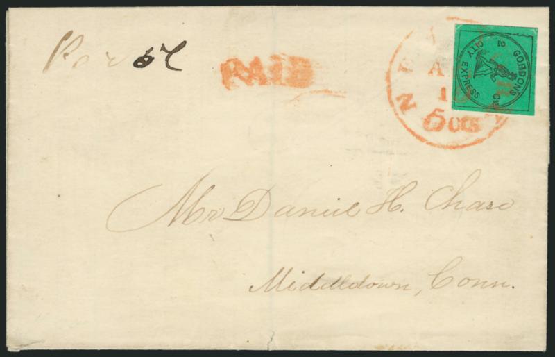 Gordons City Express, New York N.Y., 2c Black on Green (72L2).> Large margins, bright color, <tied> by red New-York 5cts. Apr. 19 integral-rate circular datestamp with matching Paid arc on folded cover to
Middletown Conn., stamp has tiny corner