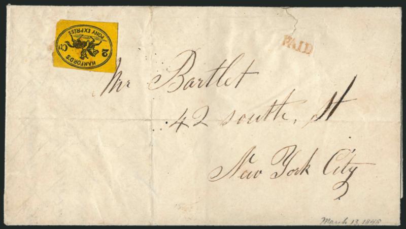Hanfords Pony Express, New York N.Y., 2c Black on Orange Yellow (78L1).> Deep rich color, large margins, cancelled by light strike of red Paid handstamp, second strike at right, on March 1848 folded letter to
local street address, few file folds a