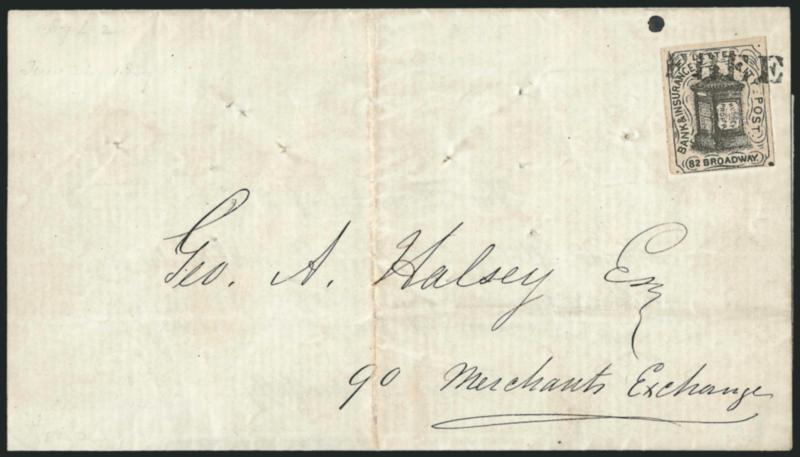 Husseys Post, New York N.Y., (1c) Black (87L2).> Three large margins, clear at bottom, tied by Free handstamp on June 1857 folded life insurance notice to local street address, file fold and pinholes clear of
stamp, Very Fine, extremely rare, sign