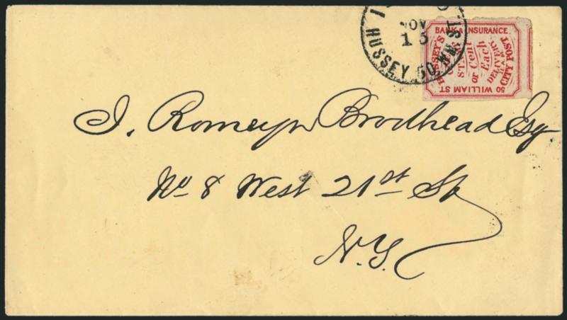 Husseys Post, New York N.Y., 1c Rose Red (87L10).> Clear to large margins, tied by 1 Ct. Paid Hussey 50 Wm. St. Nov. 15 circular datestamp on cover to local street address, Very Fine, ex Golden, Scott Retail
$400.00