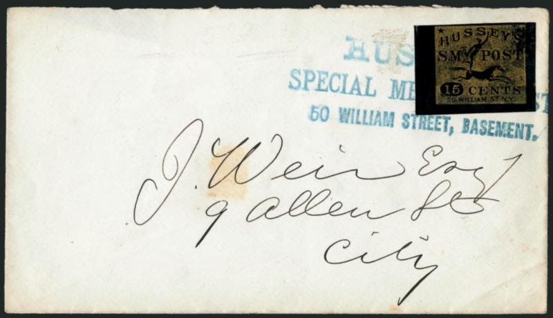 Husseys Post, New York N.Y., 15c Gold on Black Glazed, Special Delivery (87LE3).> Large margins to full, tied by blue HusseysSpecial Message Post50 Williams Street, Basement three-line handstamp on cover to
local street address, missing small p
