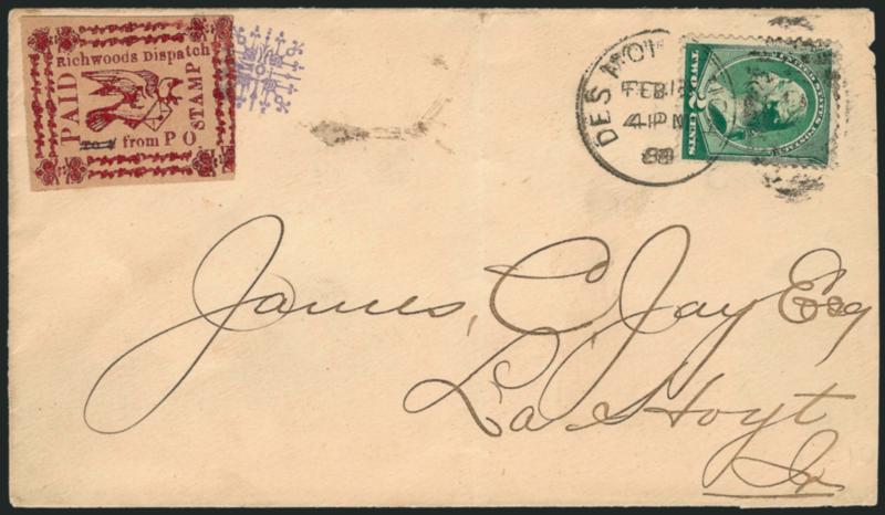 Jays Dispatch, Richwoods Dispatch, La Hoyt, Iowa.> Five covers incl. two entires and three with 2c Green (213), each with different type, some flaws, generally Fine-Very Fine, these posts probably had some
utilitarian value beyond their philatelic