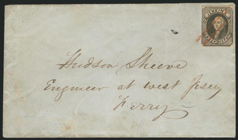 Jenkins Camden Dispatch, Camden N.J., (unstated value) Black, Lithographed, Fine Impression (89L1).> Halstead Type 3, large top and bottom margins, just touching or slightly in at sides, tied by second of two
red crayon strokes on small blue cover t