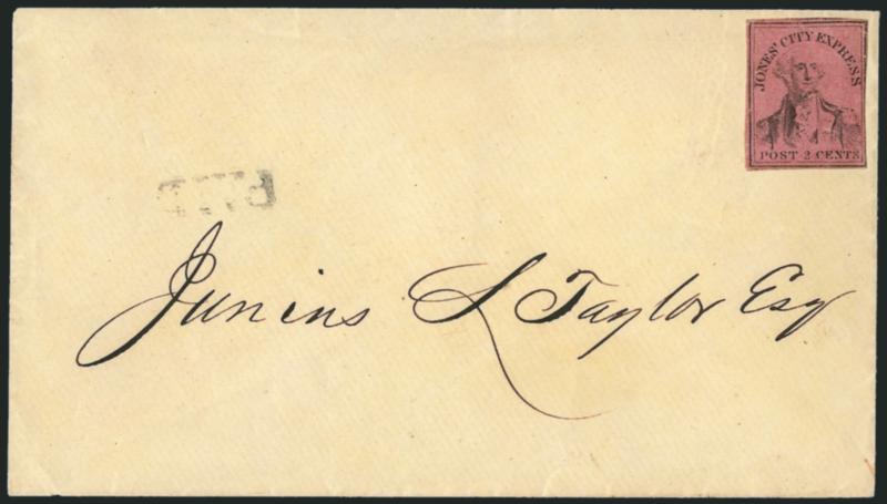 Jones City Express, Brooklyn N.Y., 2c Black on Pink Glazed (91L1).> Full margins on three sides, clear to slightly in at right, uncancelled as usual, used on cover, neat Paid handstamp at left<><>^VERY FINE.
ONE OF THE FINEST OF THE NINE RECORDE