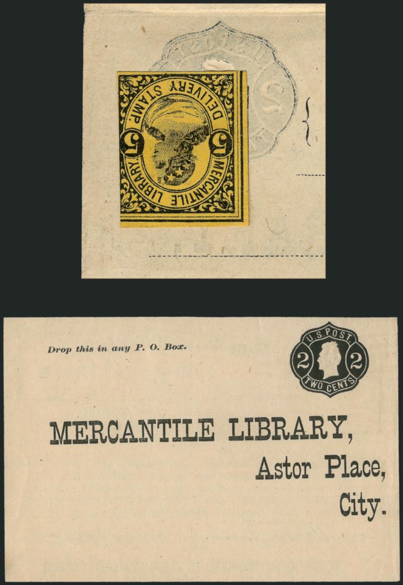 Mercantile Library Association, New York N.Y., 5c Black on Yellow (105L2).> Large margins to just touched, uncancelled, affixed <to 2c Black Jack Wrapper (W57)> with printed address, form on reverse has senders
name and address and folio number fill