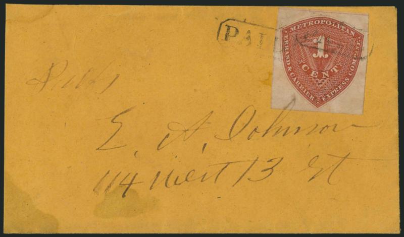 Metropolitan Errand and Carrier Express Co., New York N.Y., 1c Red Orange (107L1).> Large margins, tied by Paid in oval handstamps on orange cover to local street address, slightly reduced at left, some slight
cover staining, top flap replaced, oth