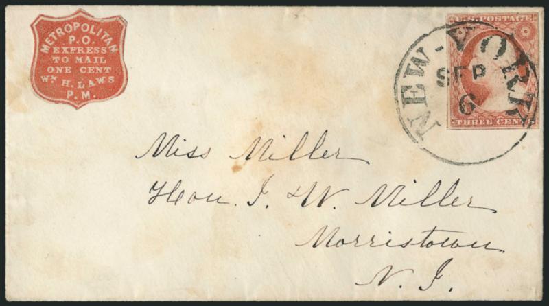 Metropolitan Post Office, New York N.Y., 1c Red on Wove (108L4).> Cut to shape, affixed to cover and used with 3c Dull Red, Ty. II (11A), tied by New-York Sep. 6 circular datestamp to Morristown N.J., some
slight toning, Very Fine