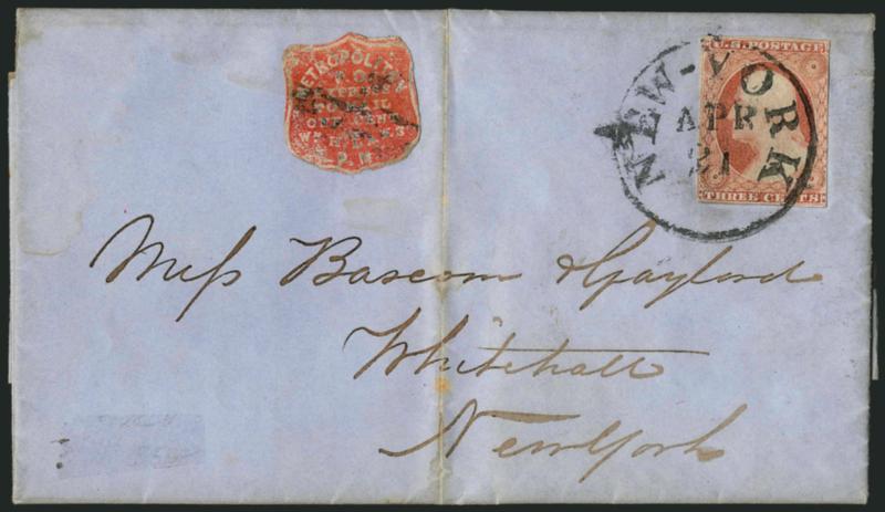 Metropolitan Post Office, New York N.Y., 1c Red on Wove (108L4).> Cut to shape, cancelled by grid and used with 3c Dull Red, Ty. II (11A), tied by New-York Apr. 21 circular datestamp on blue 1854 folded letter
to local street address, vertical file