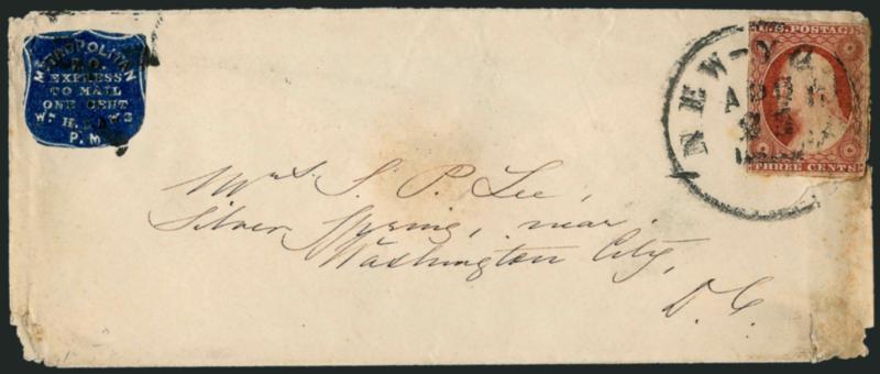 Metropolitan Post Office, New York N.Y., 1c Blue (108L5).> Cut to shape and tied by handstamp, used with 3c Dull Red, Ty. I (11) and tied by New-York Apr. 25 circular datestamp on cover to Washington D.C., some
soiling and flaws at right affect 3c