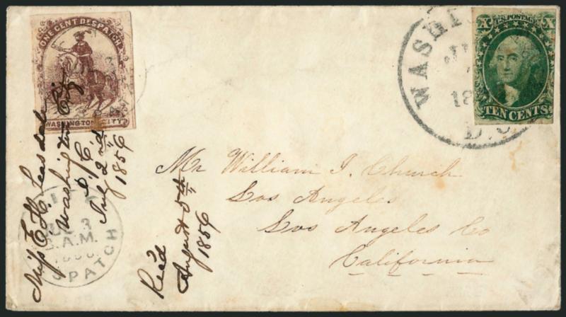 One Cent Despatch (Wiley), Washington D.C., 1c Violet (112L1).> Tied by docketing and also by City Despatch Jul. 3, 1856 circular datestamp, second strike below, <used with 10c Green, Ty. III (15),> tied by
Washington D.C. Jul. 2, 1856 circular d