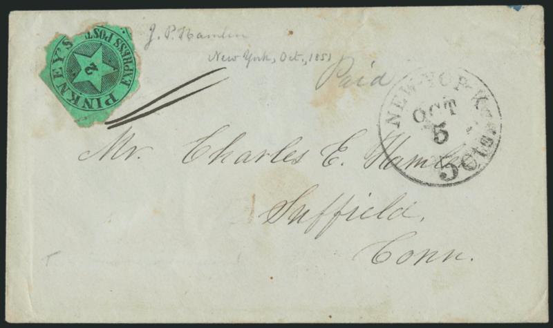Pinkneys Express Post, New York N.Y., 2c Black on Green Glazed (115L1).> Roughly separated with margins clear except at right, lettering is intact, three pen strokes, one of which was dry but ties the stamp,
pencil <<Paid>> referring to Pinkneys