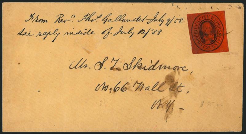 Prices City Express, New York N.Y., 2c Black on Vermilion Glazed (119L1).> Large margins, tied by ms. on cover to local street address, 1858 docketing, fresh and Very Fine, with 2001 P.F. certificate, Scott
Retail $1,000.00