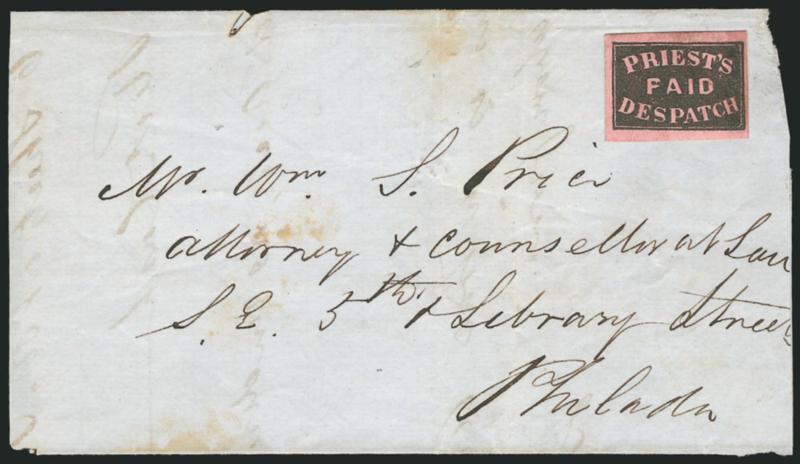 Priests Despatch, Philadelphia Pa., (2c) Black on Rose Wove (121L4).> Large to huge margins, intense shade, uncancelled as usual, used on large part of folded cover (address panel and back panel) to local
street address, tiny eroded spot at top, sta