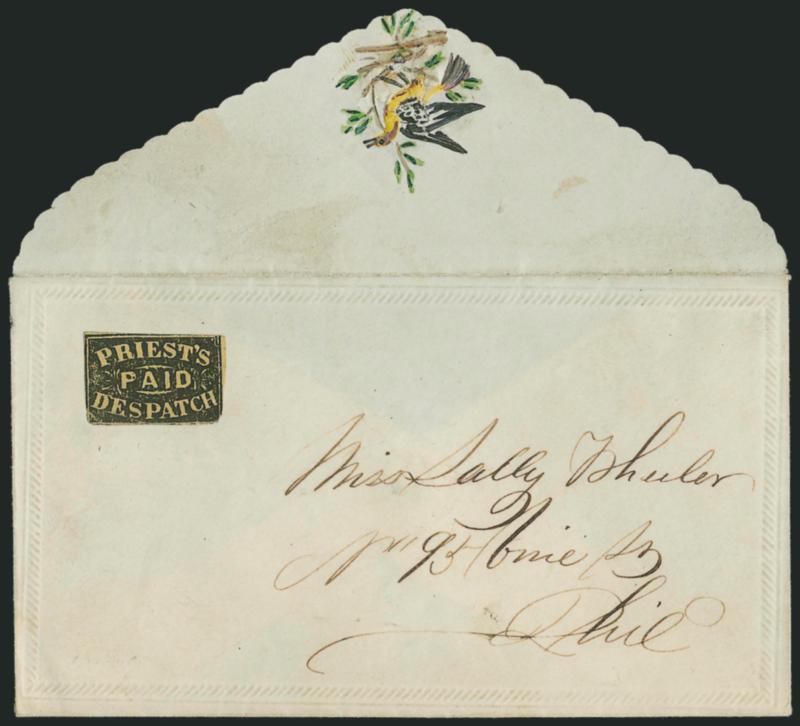 Priests Despatch, Philadelphia Pa., (2c) Black on Yellow Wove (121L6).> Full margins to very slightly in, uncancelled, used on small embossed Valentine cover to Miss Sally Wheeler at local street address,
envelope with scalloped flap and hand-painte