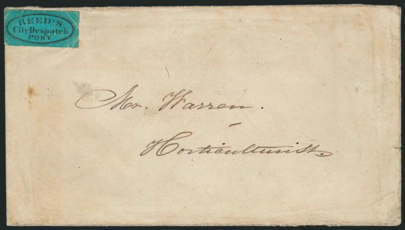 Reeds City Despatch Post, San Francisco Cal., (unstated value) Black on Blue Glazed (126L2).> Large margins, slight creasing, uncancelled, used on small unsealed cover addressed to <<Mr. Warren,
Horticulturalist,>> Col. Warren was the first publis