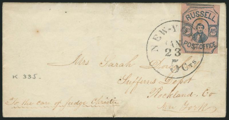 Russells 8th Ave. Post Office, New York N.Y., (2c) Blue on Rose (130L1).> Huge top margin showing part of adjoining stamp, large at left and just touching at right and bottom right, excellent impression on
fresh paper, <tied> by New-York 5 Cts Jan.