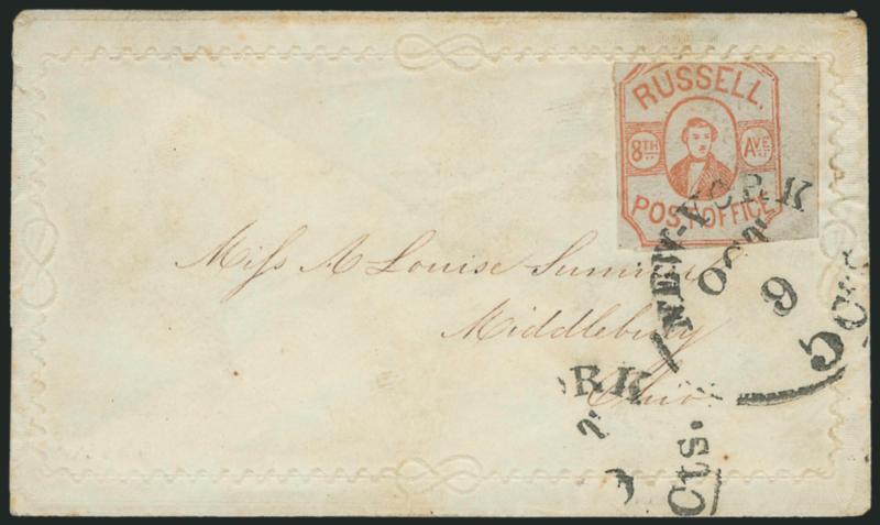 Russells 8th Ave. Post Office, New York N.Y., (2c) Red on Bluish (130L3).> Huge right sheet margin, ample at left and just touching at bottom right, top cut in but clear of Russell, <tied> by New-York Oct. 9 5
Cts. (ca. 1854) integral-rate circu