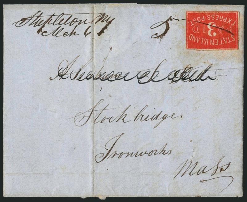 Staten Island Express Post, Staten Island N.Y., 3c Vermilion (133L1).> Ample margins to just barely in, brilliant color, tied by pen line, additional ms. <<Stapleton N.Y. Mch 6>> postmark and 5 rate on blue
folded cover to Stockbridge Mass., dock