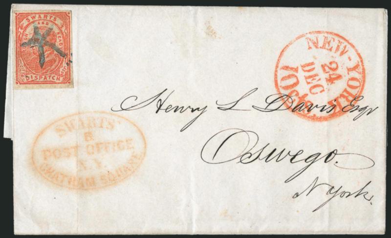 Swarts City Dispatch Post, New York N.Y., (2c) Red on Wove (136L4).> Large margins to full, cancelled by <blue> five-point design on 1849 folded letter to Oswego N.Y., red Swarts Chatham Square B. Post Office
N.Y. oval handstamp, red New-York 10