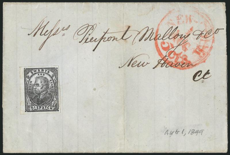 Swarts City Dispatch Post, New York N.Y., (2c) Black on Blue Gray Wove (136L7).> Uncancelled, used on July 31, 1849 folded letter  to New Haven Conn., red New-York 5cts. Aug. 1 integral-rate circular datestamp,
Very Fine, ex Sinclair and Mason