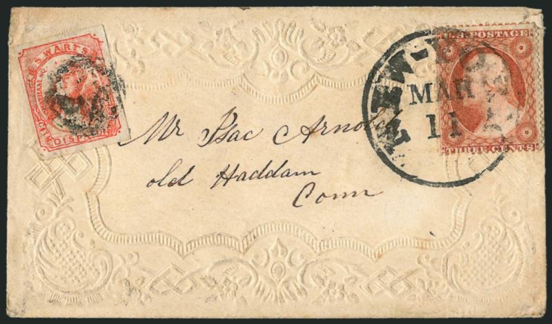 Swarts City Dispatch Post, New York N.Y., (1c) Pink on Wove (136L10).> Large margins, tied by handstamp, used with 3c Dull Red, Ty. III (26), tied by New-York Mar. 11 circular datestamp on ladys cover to Old
Haddam Conn., with original 1858-dated