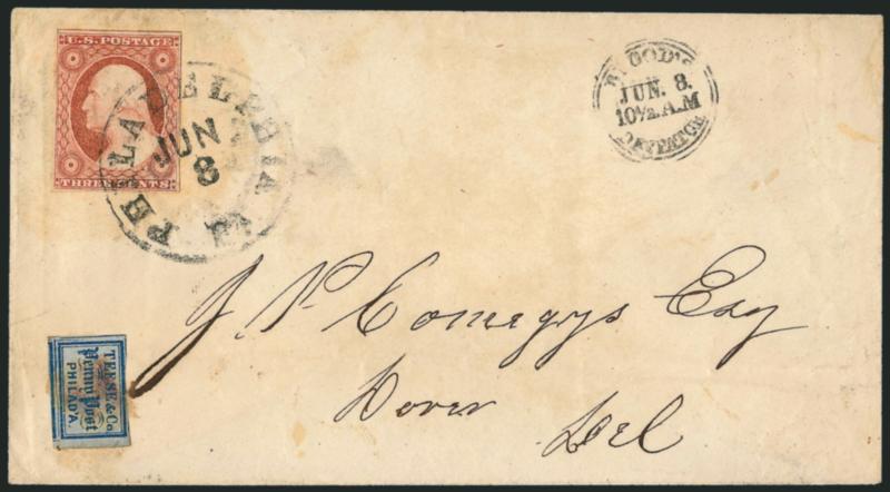 Teese & Co. Penny Post, Philadelphia Pa., (1c) Blue on Bluish (137L1).> Acid tied, used with 3c Dull Red, Ty. II (11A) which is tied by Philadelphia Pa. Jun. 8 circular datestamp on cover with <liquor dealers
illustrated green return card on back>