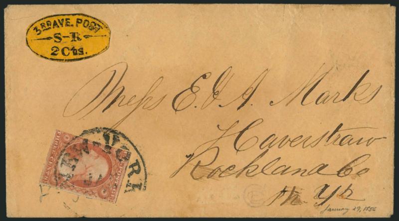 Third Avenue Post Office, New York N.Y., 2c Black on Yellow (139L3).> Cut to oval shape as always, frameline complete all around, bold impression, uncancelled, used with 3c Dull Red, Ty. I (11), in at left,
tied by New-York Jan. 29 circular datesta