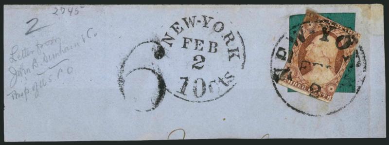Union Square Post Office, New York N.Y., 1c Black on Dark Green (141L1).> On part cover front with 3c Dull Red, Ty. II (11A) placed over and tied by New York circular datestamp, New York 10 Cts and 6 handstamp
indicating this piece was originally