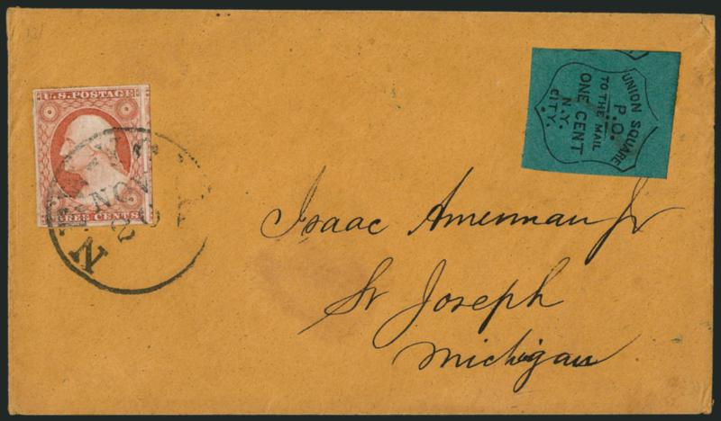 Union Square Post Office, New York N.Y., 1c Black on Dark Green (141L1).> Huge margins incl. part of adjoining stamp at left, lightly cancelled and used with 3c Dull Red, Ty. II (11A), tied by New-York Nov. 20
circular datestamp on orange cover to