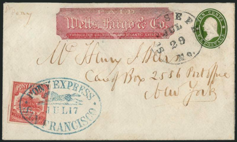 Wells, Fargo & Co. Pony Express, $1.00 Red (143L3).> Three ample to huge margins, touched at top, tied by perfect bold strike of <Pony Express San Francisco Jul. 17 Running Pony> blue oval datestamp on 10c
Green Star Die entire(U32) to New York Cit
