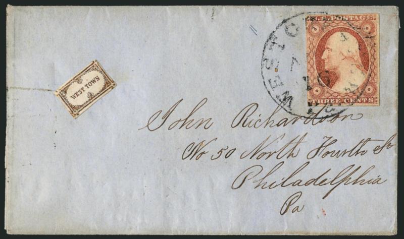 Westtown School, Westtown Pa., (2c) Gold (145L1).> Three covers, first with local on back and used with No. 26 from Street Road Pa. to N.J. second uncancelled on front of cover and used with No. 11 from
Westchester Pa. to Philadelphia third uncance