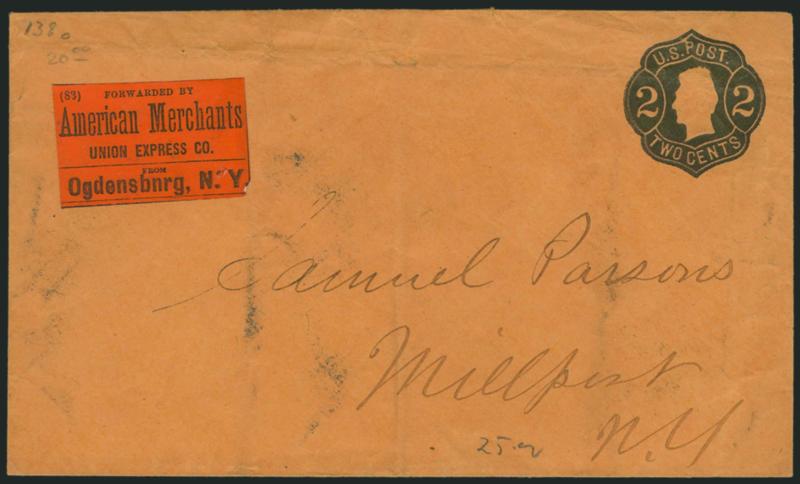 Forwarded by American Merchants Union Express Co. from Ogdensbnrg [sic] N.Y.> U of Ogdensburg inverted, black on vermilion label on <2c Black Jack entire> to Millport N.Y., slightly creased and soiled,
otherwise Fine, rare, ex Knapp