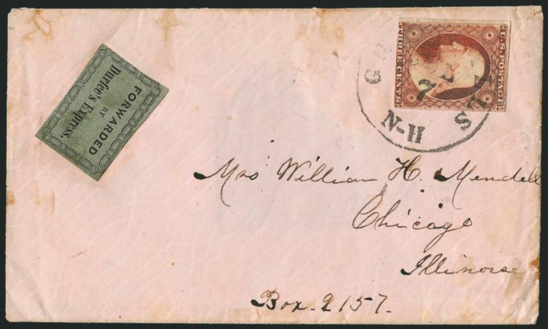 Forwarded by Durfees Express.> Black on dull green label on cover to Chicago Ill., <3c Dull Red, Ty. I (11),> ample margins to slightly in, tied by Great Falls N-H Jul. 7 circular datestamp, remnants of
paste-up on back and rectangular portion of