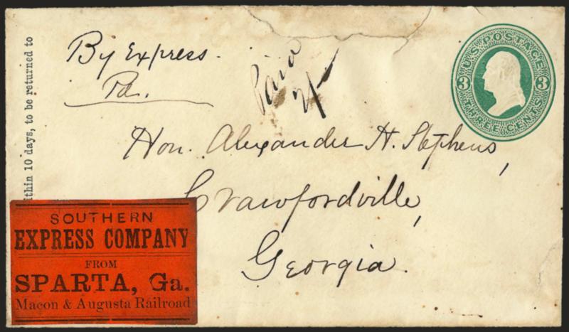 Southern Express Company from Sparta, Ga. Macon & Augusta Railroad.> Orange label at bottom left of 3c Green on Amber entire (U83) to Alexander Stephens at Crawfordville Ga., small tear at right, tear at top
from opening, Very Fine