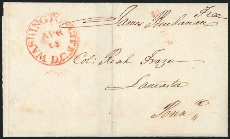 James Buchanan.> Free frank <<James Buchanan Free>> on folded cover to Lancaster Pa., 1842 docketing, red Washington City D.C. Apr. 13 circular datestamp, light vertical file fold, Very Fine