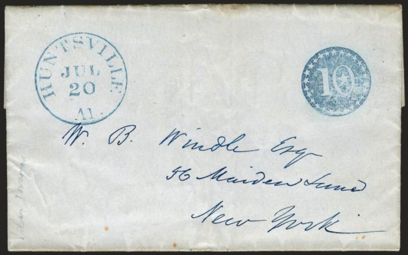 Huntsville Al. Jul. 20.> Well-struck blue circular datestamp with matching perfect strike of <10 in circle of stars> fancy rate handstamp on 1846 folded letter to New York, fresh and Very Fine