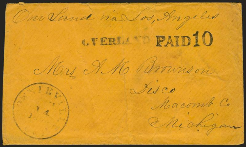 OVERLAND.> Straightline handstamp on buff cover to Disco Mich., light strike of Downieville Cal. circular datestamp and bold straightline Paid 10, ms. Over Land via Los Angeles, small cover tear at top and few
slight creases and wrinkles, otherwi