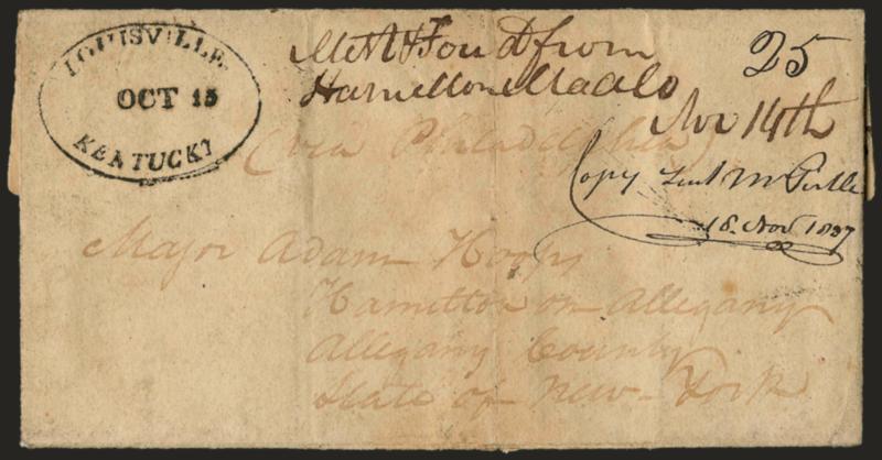 Louisville, Kentucky Oct. 15.> Well-struck oval datestamp with ms. 25 rate on 1814 folded letter to Albany N.Y., endorsed <<via Philadelphia>>, some docketing at top, Very Fine strike, ASCC
$200.00