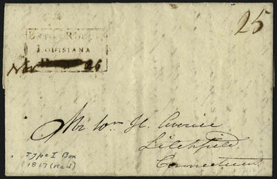 Baton Rouge.> Four covers each with boxed handstamp, incl. one struck in brown, from 1817, 1821, 1822 and 1823, Very Fine strikes, ASCC over $2,000.00