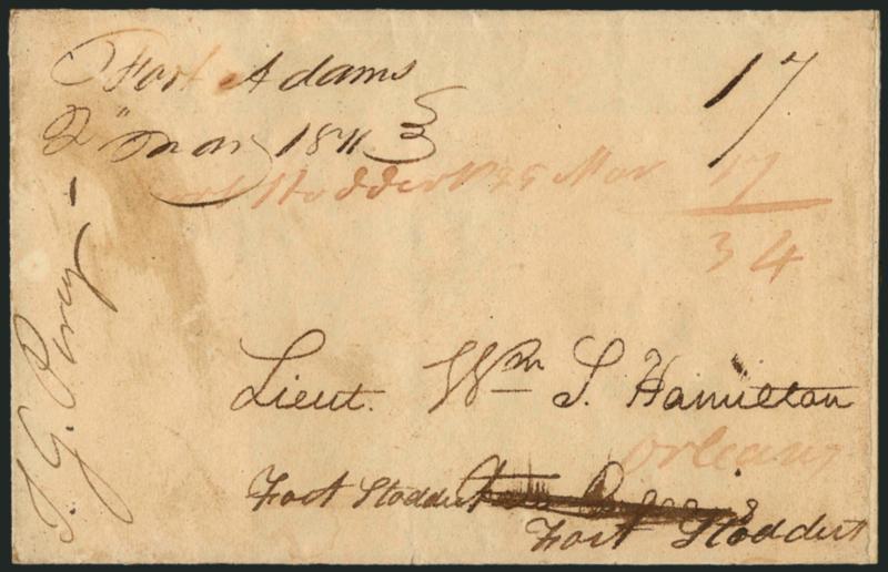 Fort Adams Mar. 2, 1811.> Ms. pmk. with matching 17 rate on folded cover to New Orleans La. and <forwarded> to Fort Stoddert, red ms. Fort Stoddert 29 Mar. ms. pmk. and matching 17 rate added up to 34, Very
Fine usage