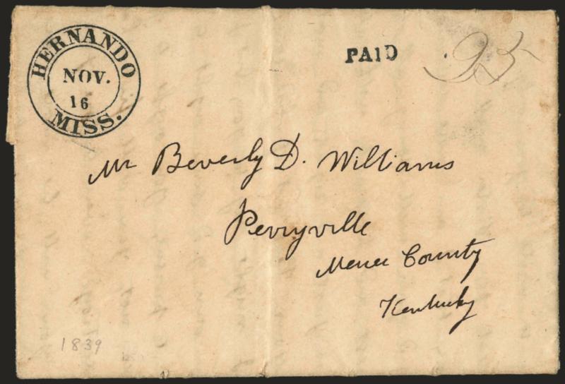 Hernando Miss. Nov. 16.> Perfect strike of double-circle datestamp with matching small Paid handstamp on 1839 folded letter to Perryville Ky., ms. 25 rate, fresh and Very Fine, a beautiful cover
