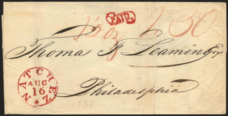 Natchez + Aug. 16.> Bold strike of red circular datestamp with matching Paid in scroll on 1831 folded cover to Philadelphia, red ms. <<1-12 oz.>> and also <<1.50>> rate, light vertical file folds, Very
Fine